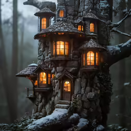 a stone building with windows and lights built into a forest