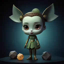 a doll that is standing next to rocks