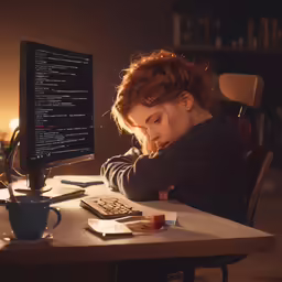 there is a woman with a calculator sitting at her desk and looking at a computer screen