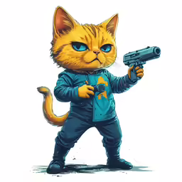 a cat with a gun is dressed as a man