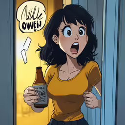 a young woman holding a beer in front of a door