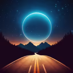 a blue circle with the sun shining down on a road