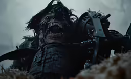 a demonish man with his mouth wide open and a sword in his hand