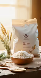 grain is sitting on the table beside a bag