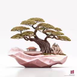 a bonsai tree is seen with a red and white building