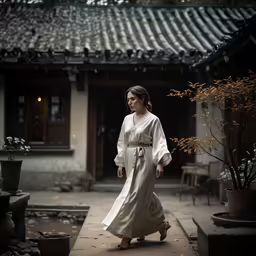 woman in kimono walking towards camera and patio