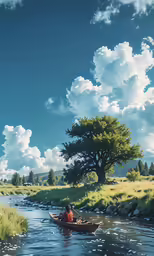 a man riding on top of a boat across a river under a sky filled with clouds
