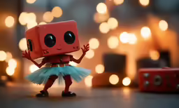 a tiny red object wearing a short turquoise dress stands next to a pair of dice