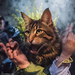 a cat with its mouth wide open and paw extended