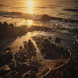 the person sits on the rocks at sunset by the ocean