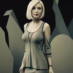 a beautiful woman standing by a black and grey wall