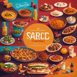 a large assortment of different food on a red table,a poster with different foods and dishes of food