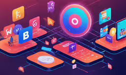 colorful social media icons surround an abstract image,a display with different kinds of app logos on it