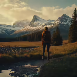 a man with backpack walking in the mountains