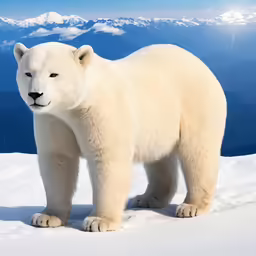 a polar bear standing in the snow next to mountains