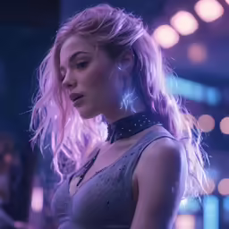 young woman in grungy dress with pink hair looks down