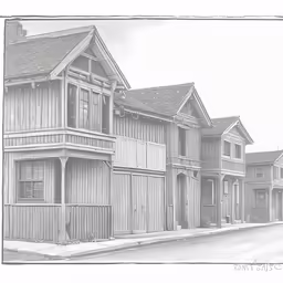 a drawing of an old style street scene in black and white
