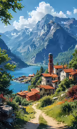 a scenic view of a building in the countryside