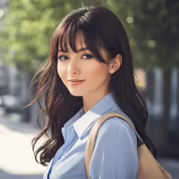 a woman standing in the middle of an urban street with long hair