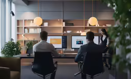 two people sitting at a table in front of a monitor