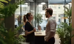 a man and woman talking in a glass walled office