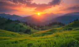 the sun shines brightly in the distance behind mountains