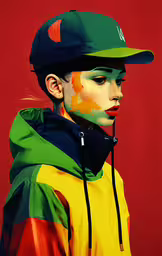 a person wearing a colorful jacket and a baseball cap,a painting of a young man wearing a baseball cap