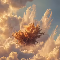 a tree sprouts through a field of fluffy clouds