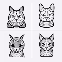 four cartoon cats are depicted in this graphic,a black and white drawing of cats with different eyes