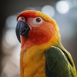a large colorful parrot sitting next to a building