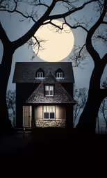 a house that has trees on the front with the moon above