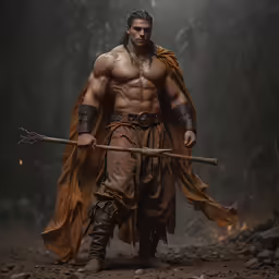 a man with an outstretched staff is walking in the woods