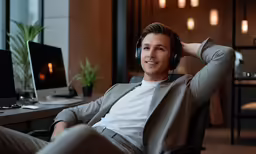 a man sitting in a chair with headphones