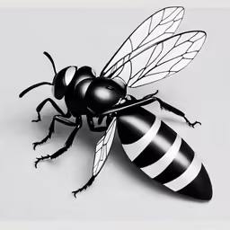 a black and white bee with large wings and two antennae