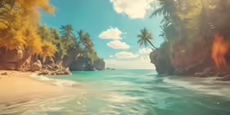 the beach is surrounded by some rocks