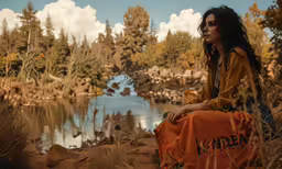 a woman sitting next to water in a field