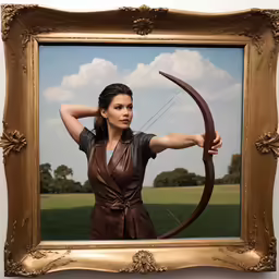 a woman holding her arm behind her back while holding a bow