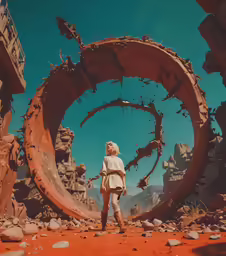 a woman is standing near a giant piece of art