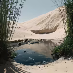 a puddle in a body of water surrounded by green plants