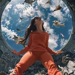 a girl looking up in the sky as birds fall