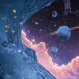 the reflection of clouds in water with planets and space ships