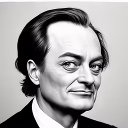 a black and white image of a man with big eyes