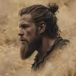 a man with a hairdo, bun and beard is standing in a wheat field