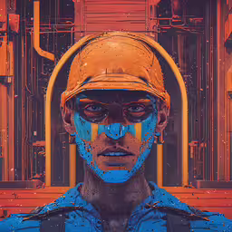 man wearing blue face paint with yellow frame and large pipes in the background,a man is wearing a helmet with orange visors and glasses