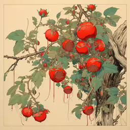 some red apples on the branch of an apple tree,an artistic painting of an apple tree with fruit falling down