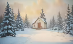 there are some trees covered in snow and a house