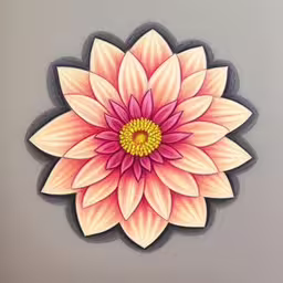 a painting of a flower with an orange center,the drawing shows a colorful pink flower on a gray background