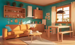 living room with wooden shelves and blue walls