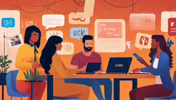 people in an office talking to one another with laptops,two women and two men having a conversation in a room with different speech bubbles above them