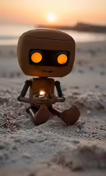 a little robot on a beach with the sun in the background